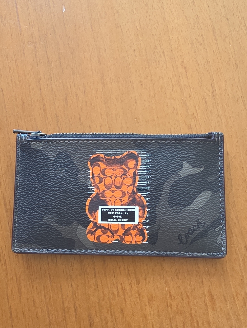 Coach Black Leather Card Pouch with Orange Bear Graphic